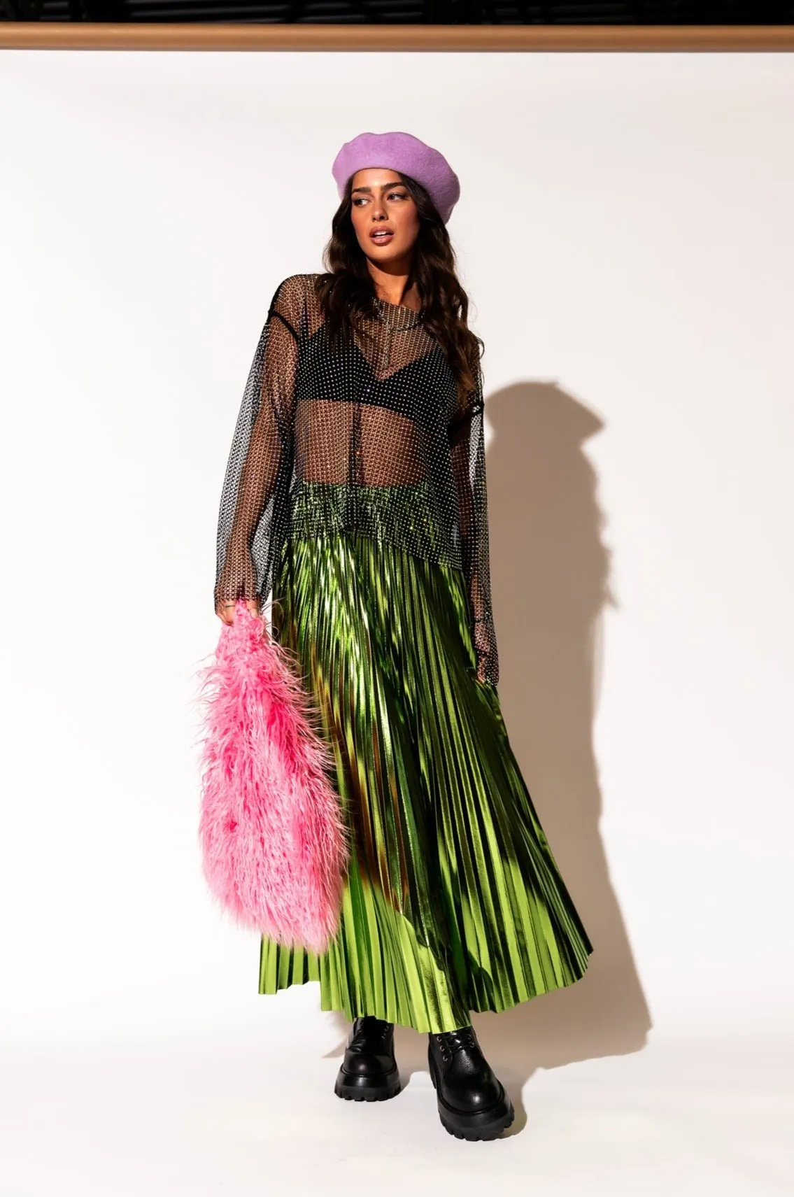 Metallic Pleated Midi Skirt in Electric Lime *RESTOCKED*