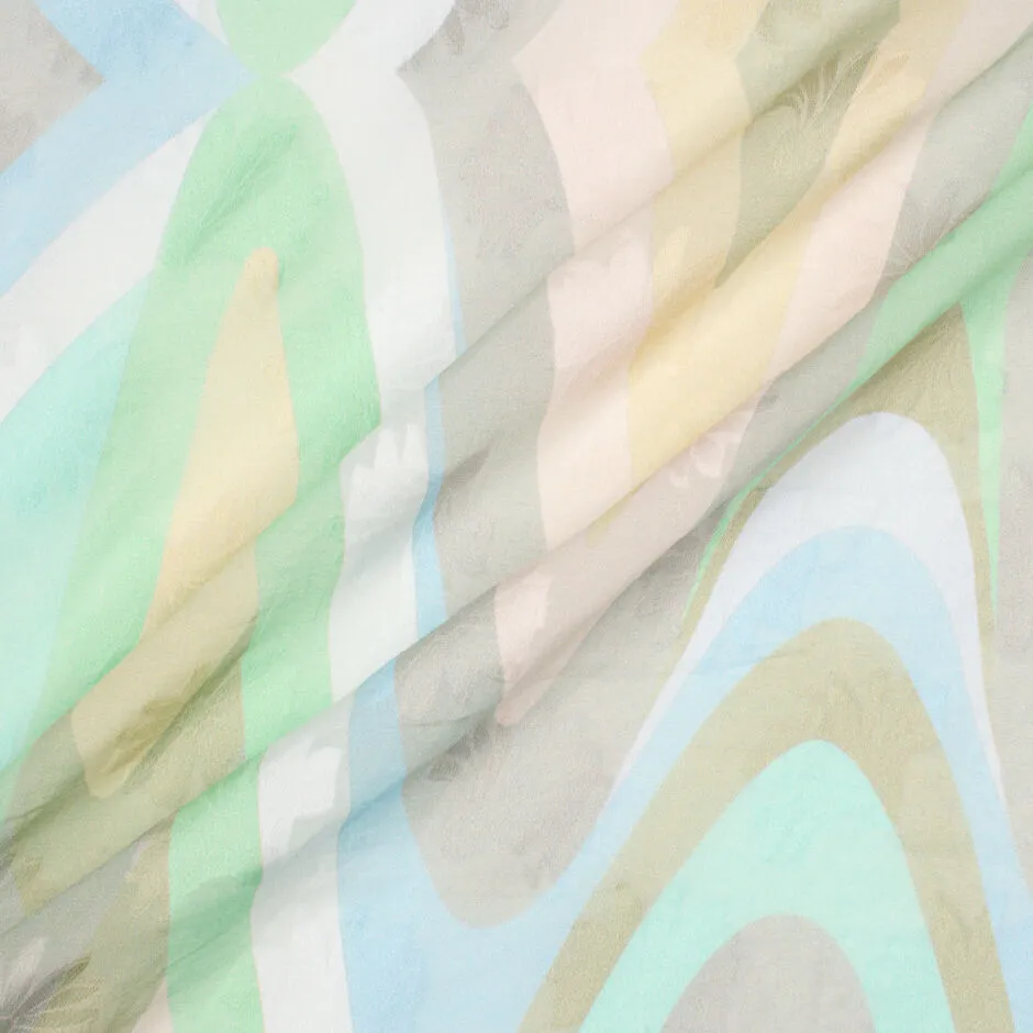 Mint, Khaki, Yellow & Blue Printed Cotton Voile Jacquard