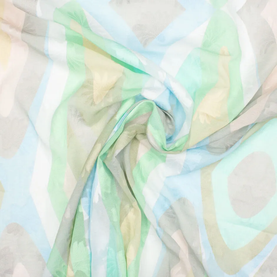 Mint, Khaki, Yellow & Blue Printed Cotton Voile Jacquard