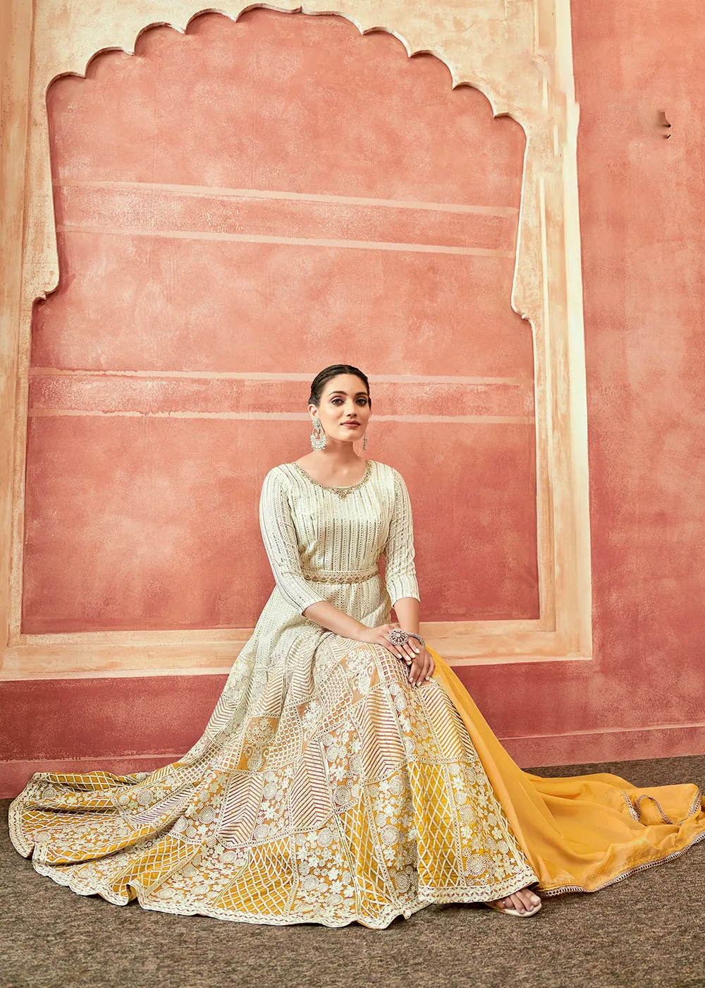 Off White & Yellow Georgette Embroidered Festive Anarkali Suit