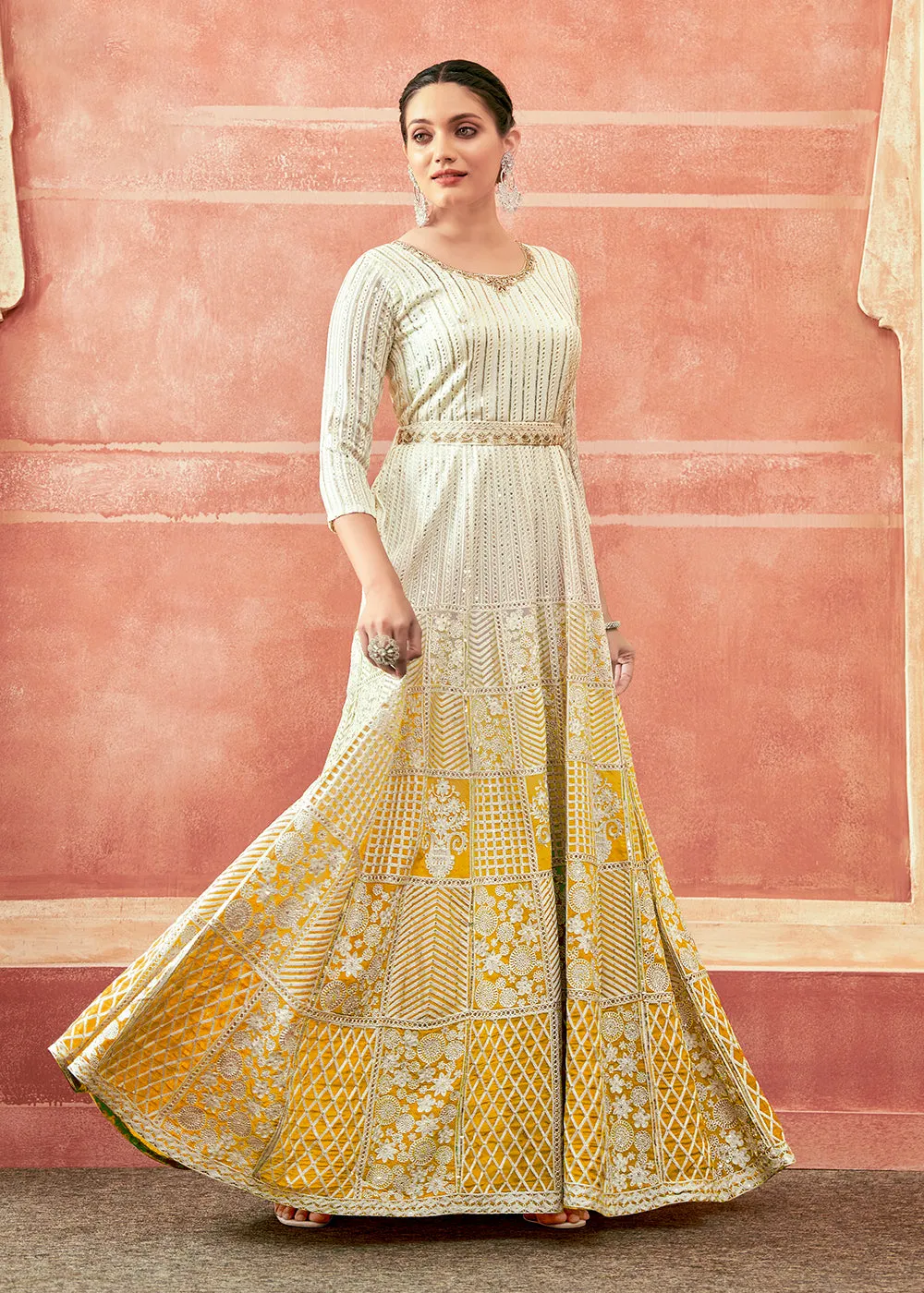 Off White & Yellow Georgette Embroidered Festive Anarkali Suit