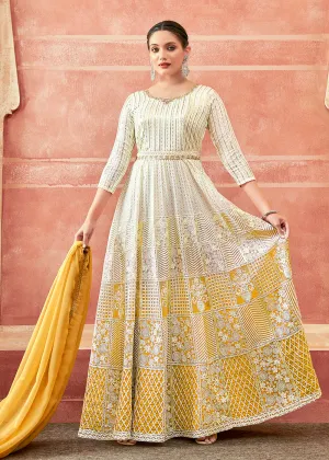 Off White & Yellow Georgette Embroidered Festive Anarkali Suit