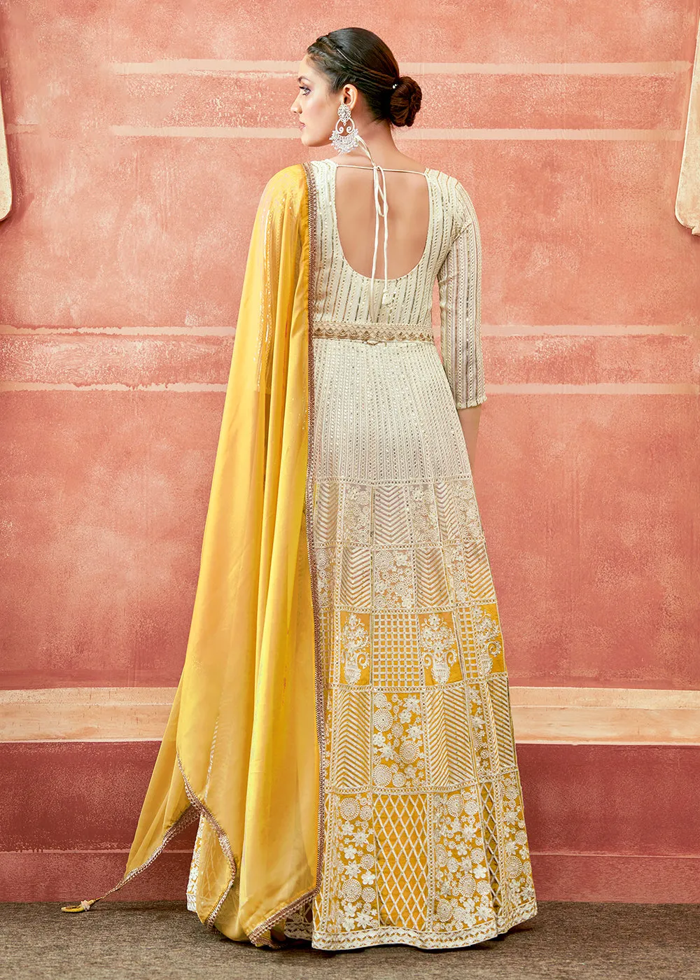 Off White & Yellow Georgette Embroidered Festive Anarkali Suit