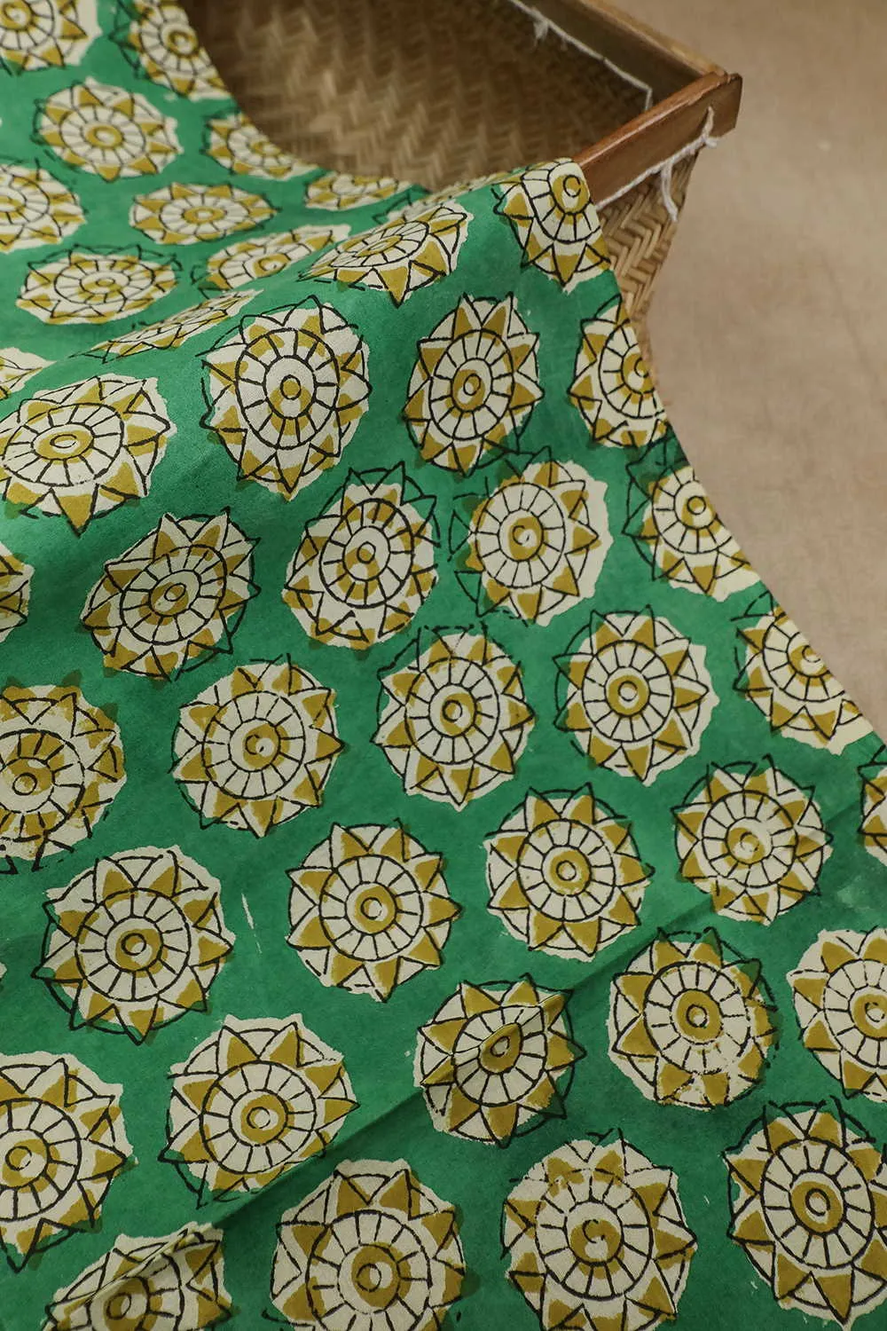 Rangoli Motifs on Green Bagru Cotton Fabric