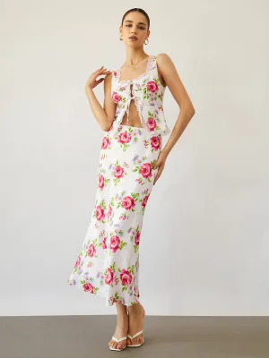 Rose Bush Flowy Trendy Floral Midi Skirt