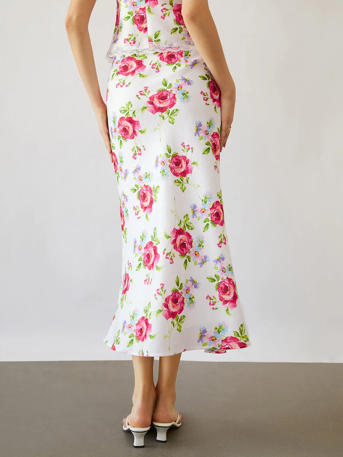 Rose Bush Flowy Trendy Floral Midi Skirt