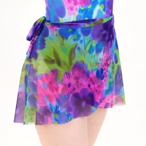 SALE - BELLE - PRINTED MESH TIE WAIST WRAP SKIRT - WATERCOLOUR HAZE