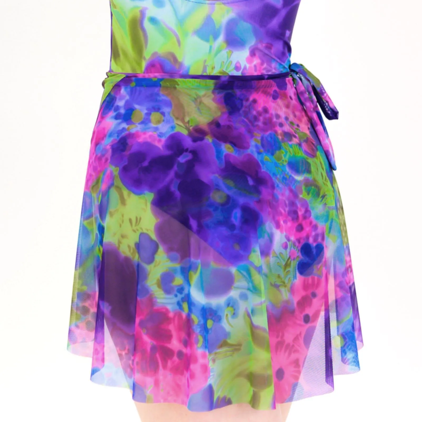 SALE - BELLE - PRINTED MESH TIE WAIST WRAP SKIRT - WATERCOLOUR HAZE