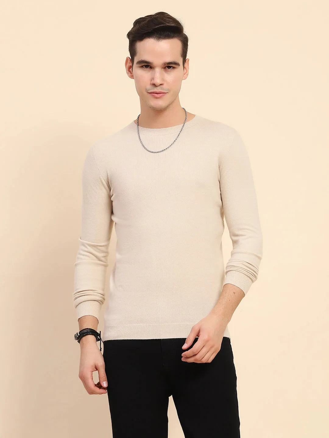 Sand Brown Wool Blend Knit Winter Wear Pullover