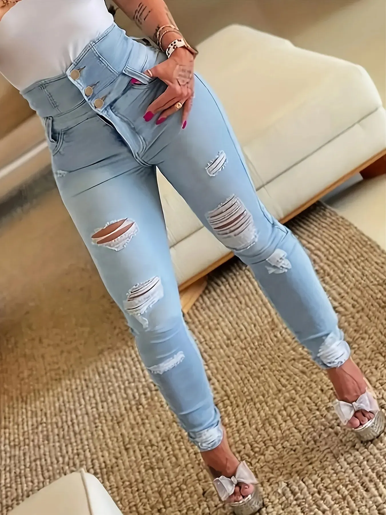 Skinny Jeans Single-Breasted Button High Waist Pants*