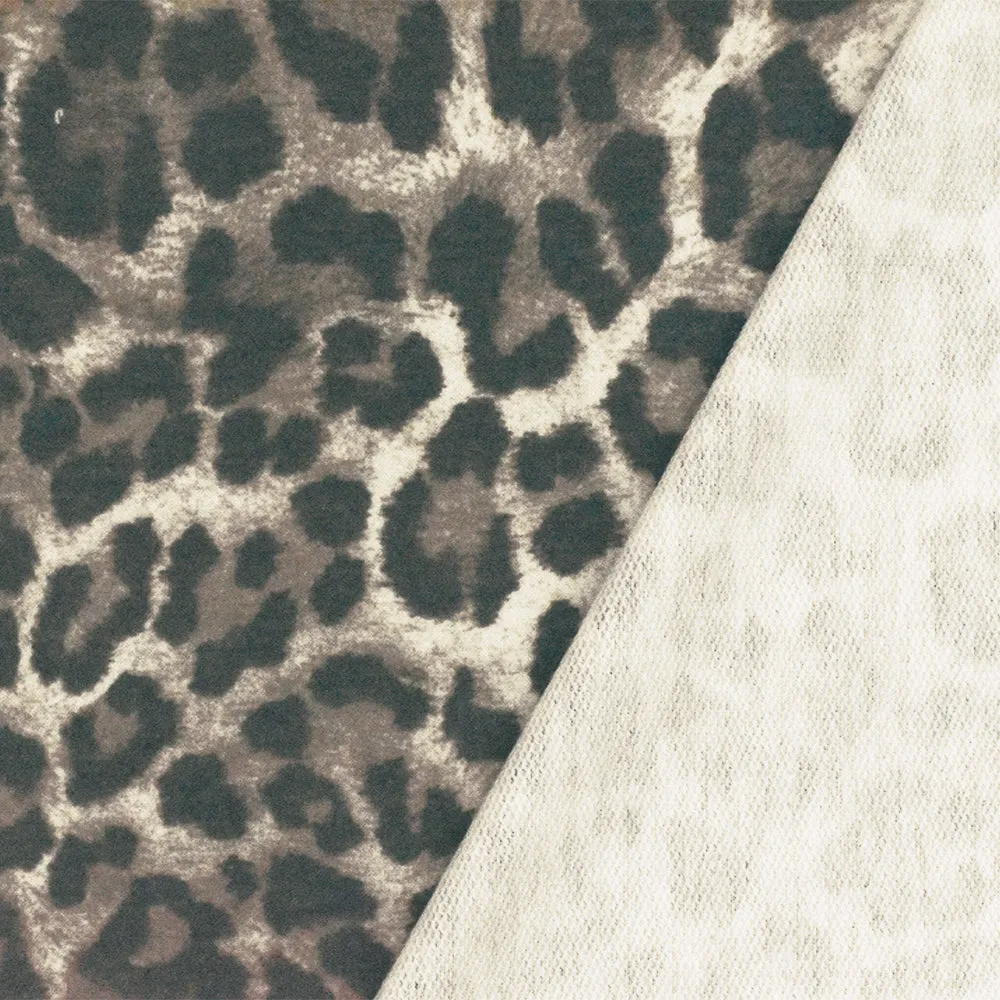 Taupe-Black-Beige Cheetah Print Stretch Poly Baby French Terry Knit Fabric