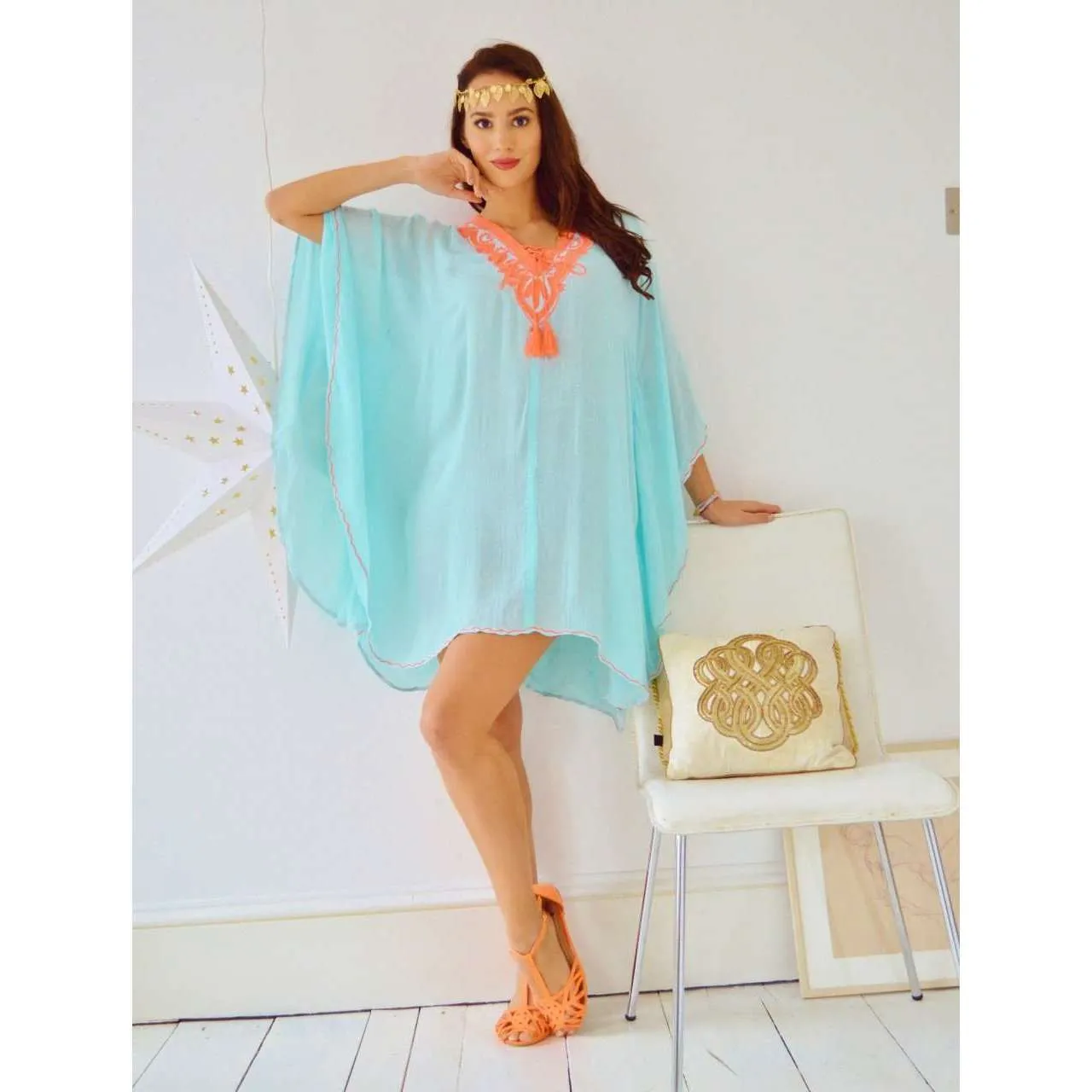 Turquoise with Neon Orange Embroidery Resort Tunic Cover up-holiday wear, beachwear, beach wedding, maternity, shirt, gifts